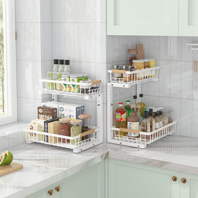 ADRIMER Under Sink Organizer 2 Packs, Pull Out Kitchen Sink Organizer, 2 Tier Slide Out Kitchen Organizers and Storage Bathroom Under Cabinet Storage Shelf, White - Image 7