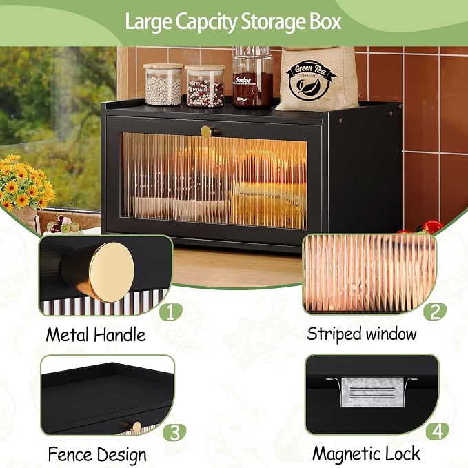 Trironsun Bamboo Bread Box with Led Light for Kitchen Counter Large Capacity Bread Storage Container Kitchen Countertop Organizer with Window Bread Holder (Black) - Image 9