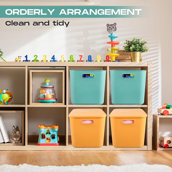 8 Pieces Colorful Storage Bins with Lid, Plastic Storage Basket Organizing Container Stackable Box with Handle for Shelves Desktop Playroom Office(14.2 x 10.2 x 9.5 Inch,Green and Yellow) - Image 7
