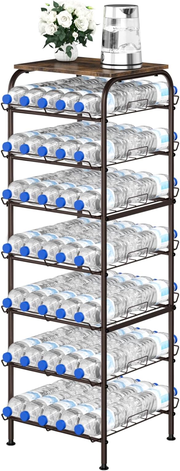 smusei Water Bottle Organizer 7 Tier Free Standing Water Bottle Storage Rack Metal Water Bottle Rack Shelf Large Capacity Bottled Water Holder Beverage Drink Stand for Kitchen Pantry Office, Brown - Image 8