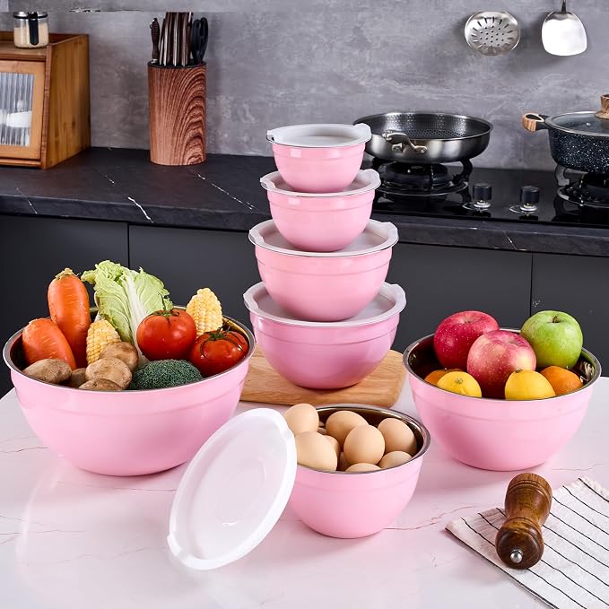 Pink Mixing Bowls With Airtight Lids,Stainless Steel Bowl,Salad Bowls 7 Piece Colorful Nesting Bowl Pink Kitchen Accessories,Size 7,3.6,2.7,2.1,1.5,1.1,0.8QT Stackable Design - Image 9