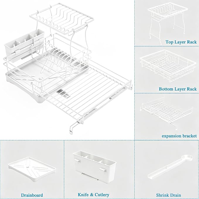 2 Tier Dish Drying Rack, Large Extendable Dish Racks for Kitchen Counter , Dishrack with Drainboard, 2-in-1 Anti-Rust Stainless Steel Dish Drainer with Utensil Holder (White, double of Dish Rack) - Image 9