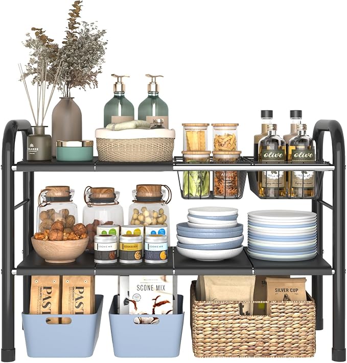Expandable Under Sink Organizer, 2 Tier Under Sink Shelf | With 2 Removable Baskets and 6 Removable Panels, For Cabinet Sink Cloakroom Wardrobe Closet Storage, Black, 17.71”-32”Length - Image 7