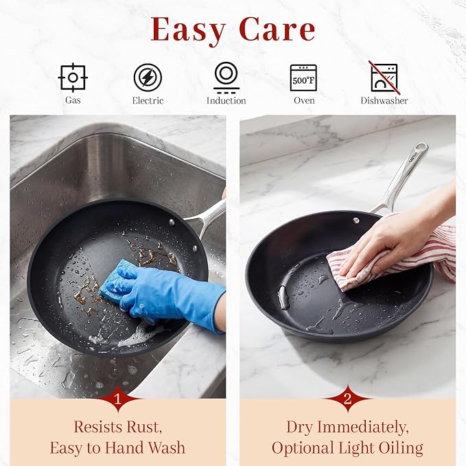 Tri-Ply Clad Nitrided Carbon Steel Frying Pan, 9.5 Inch | Pre-seasoned surface, lightweight design, enhanced rust resistance, easy food release, induction compatible - Image 8