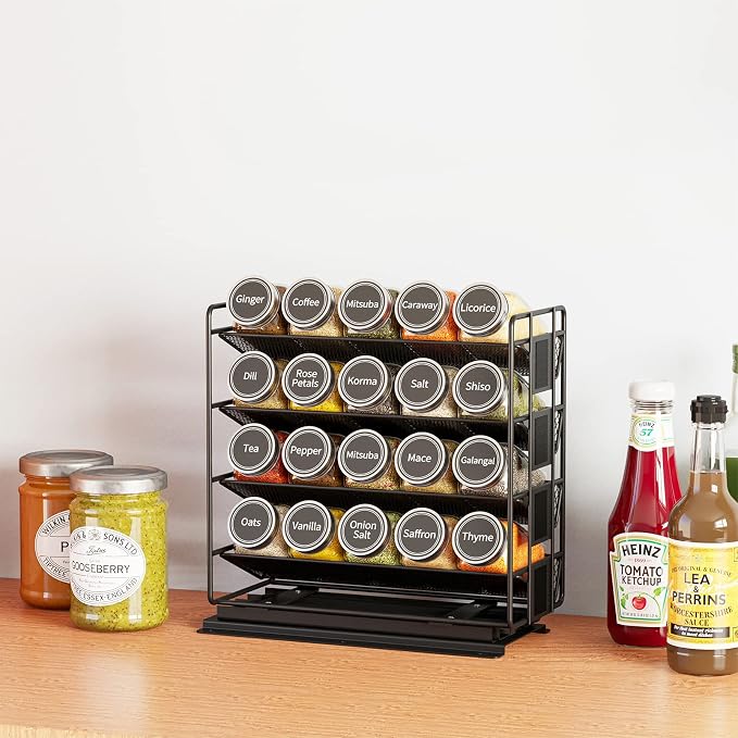 SpaceAid Pull Out Spice Rack Organizer with 20 Jars, Heavy Duty Slide Out Seasoning Organizer for Kitchen Cabinets, with 801 Labels and Chalk Marker, Left Facing - Image 7