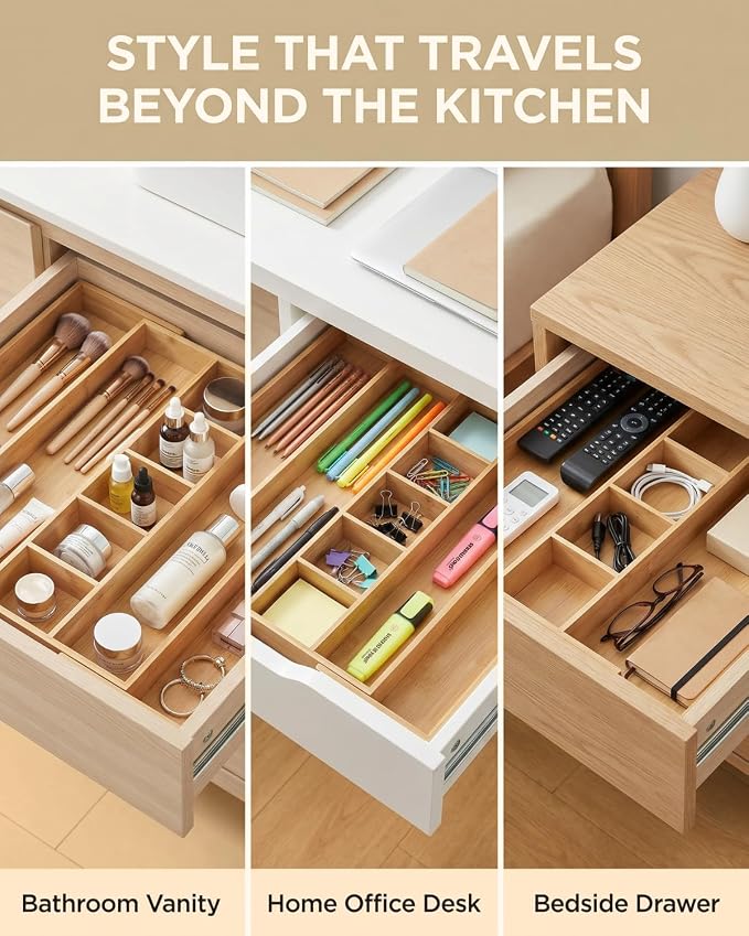Expandable Bamboo Silverware Drawer Organizer, 5-7 Compartments | Expandable Design, 5-7 Compartments, Dual-Zone Storage, Natural Bamboo Construction, Easy Access Layout - Image 7