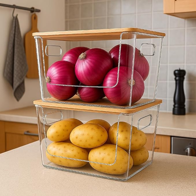 CiWiVOKi 6 Pack Clear Stackable Storage Bins with Bamboo Lids, Trash Bag Holder Dispenser Under Sink Organizer for 4-13 Gal Bags, Plastic Storage Containers for Pantry Bathroom Kitchen Organization - Image 9