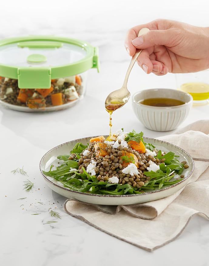 Lékué Round Glass Food Container with Airtight Lid & Steam Valve - 32oz - Borosilicate Glass & 100% Platinum Silicone Lidded Dish for Storage and Cooking - Microwave, Freezer & Dishwasher Safe - Image 3
