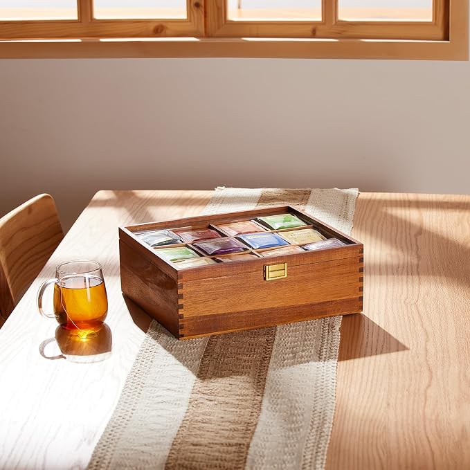 HouseJoy Wood Tea Bag Organizer: 12 Compartments with Clear Glass Lid | Acacia Wood-Large Capacity-Tea Bag Storage Holder for Countertop Kitchen Pantry-Gift For Tea Lover-Keep Tea Bag Fresh - Image 7
