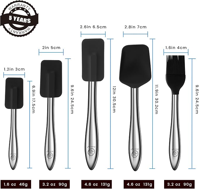 Gourmet Easy 5pcs Silicone Spatula Set with Stainless Steel Handles - Black | Heat-Resistant Silicone Protects Nonstick Cookware, Ergonomic Handles Offer Firm Control, Dishwasher Safe, 5-Year Warranty - Image 8