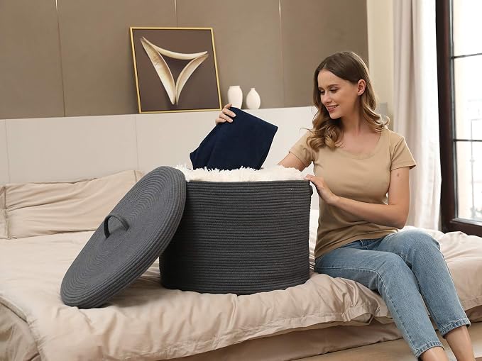 20x15 Inch Extra Large Round Cotton Rope Storage Basket with Lid, Decorative Woven Bin with Cover for Living Room Bedroom Closet, Dark Grey - Image 9