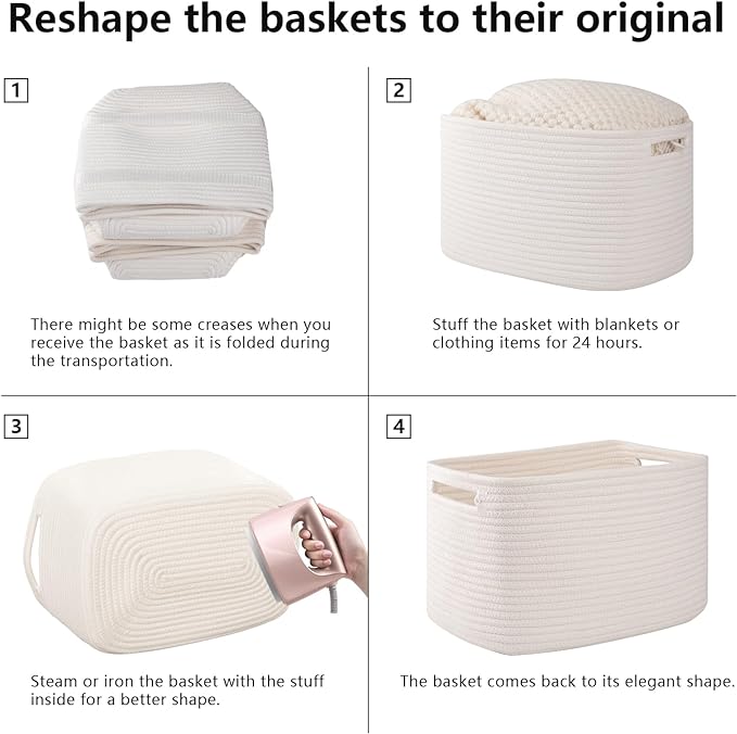 OIAHOMY 4 Pack Storage Baskets for Organizing, Cube Storage Bins for Shelves, Rectangle Storage Baskets With Handles, Woven Baskets for Storage, 12.7''Lx9''Wx7.8''H, White - Image 7