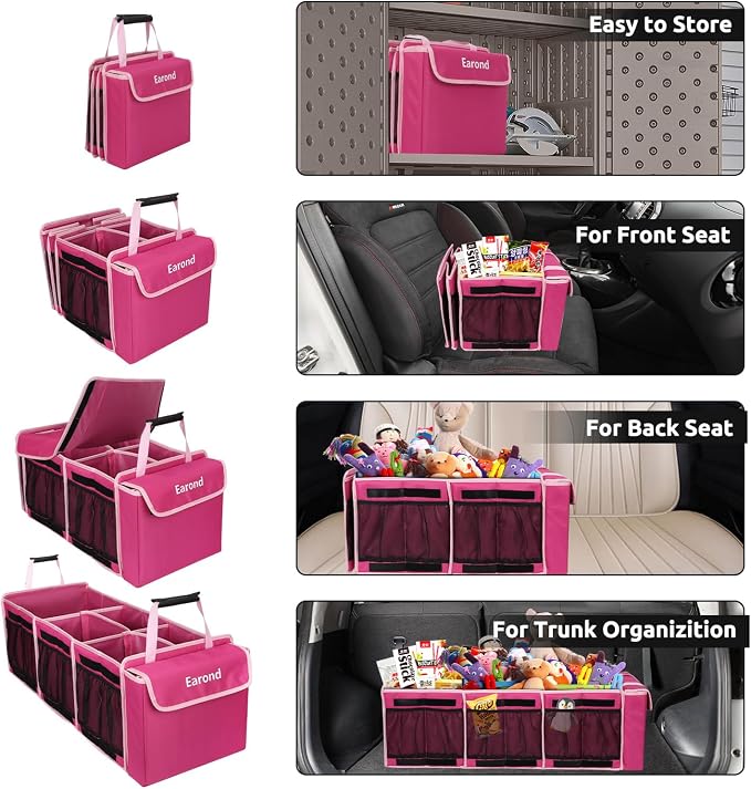 Collapsible Trunk Organizer with Insulated Leakproof Cooler Bag,Removable Lid,Adjustable Securing Straps,3 Compartments Trunk Organizer for SUV,Truck,Sedan(Pink) - Image 7