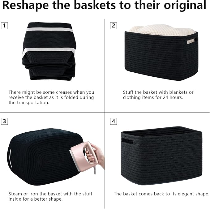 OIAHOMY 4 Pack Storage Baskets for Organizing, Cube Storage Bins for Shelves, Rectangle Storage Baskets With Handles, Woven Baskets for Storage, 16''Lx12''Wx8''H, Black - Image 7
