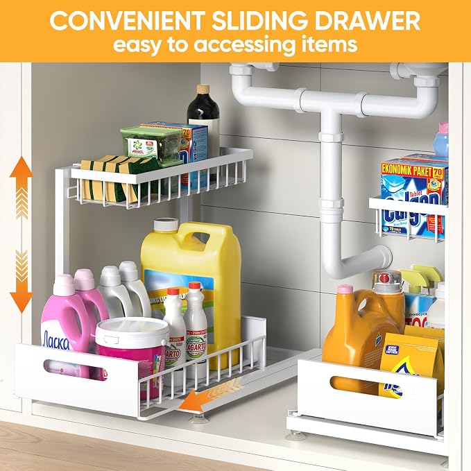 L-Shaped Under Sink Organizer, 2-Tier Pull-out Cabinet Rack 1-Pack | White Height-Adjustable Steel Rack, Sliding Grid Drawers with PP Liners, Holds 100 Lbs, Suction Base, Ideal Kitchen Storage - Image 8