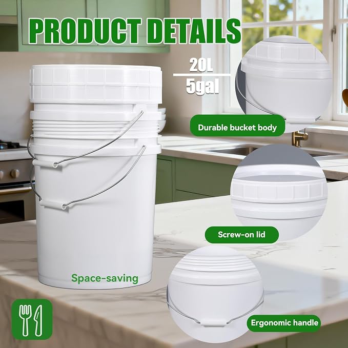 3 Pack 5 Gallon White Plastic Buckets with Lid & Metal Handle, 1 Pack 2.6 Gal Small Plastic Bucket with Spiral Lid & Handle Food Grade Storage Containers for Water, Cleaning, Halloween - Image 7