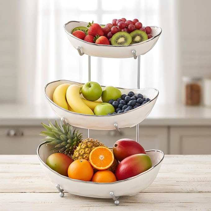 White Fruit Bowl with Silver Metal Stand, 3 Tier Modern Ceramic Fruit Bowl Fruit Rack for Kitchen Counter, Tiered Fruit Basket for Snacks Bread Candy Storage (White B,3 Tier) - Image 6