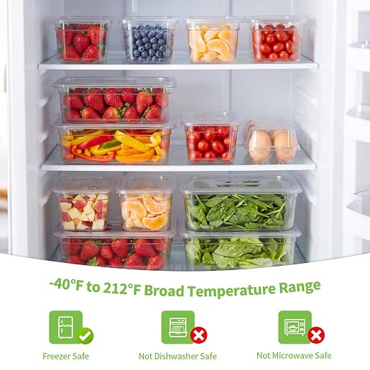 Sliner 10 Pack Plastic Clear Food Pans with Lids, Stackable and Freezer Safe Commercial Food Storage Containers for Fridge Salad Polycarbonate(4" 1/3+1/6 Set) - Image 6