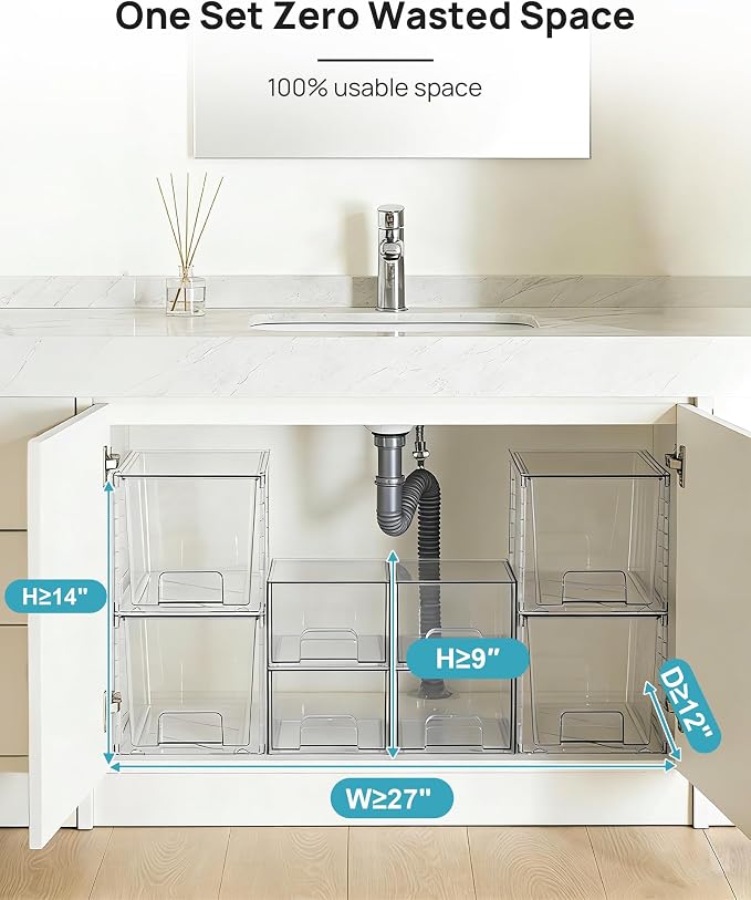 Vtopmart 8 Pack Clear Pull-Out Under Sink Organizer Set (4 Large & 4 Small) | Stackable Storage Drawers, Designed to Fit Bathroom & Kitchen, Under-Sink Organization - Image 6