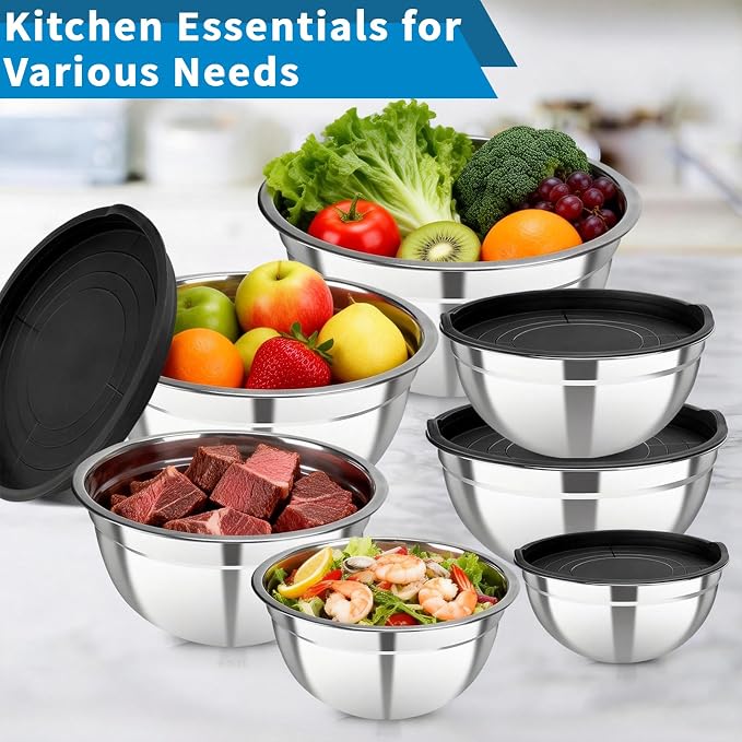 7 Pack Stainless Steel Mixing Bowls with Airtight Lids Set | 4.5qt, 4, 3.5, 2.1, 1.5, 1.1, 0.7QT, Nesting Design Metal Mixing Bowls Salad Bowl for Mixing, Prepping and Serving Food - Image 7