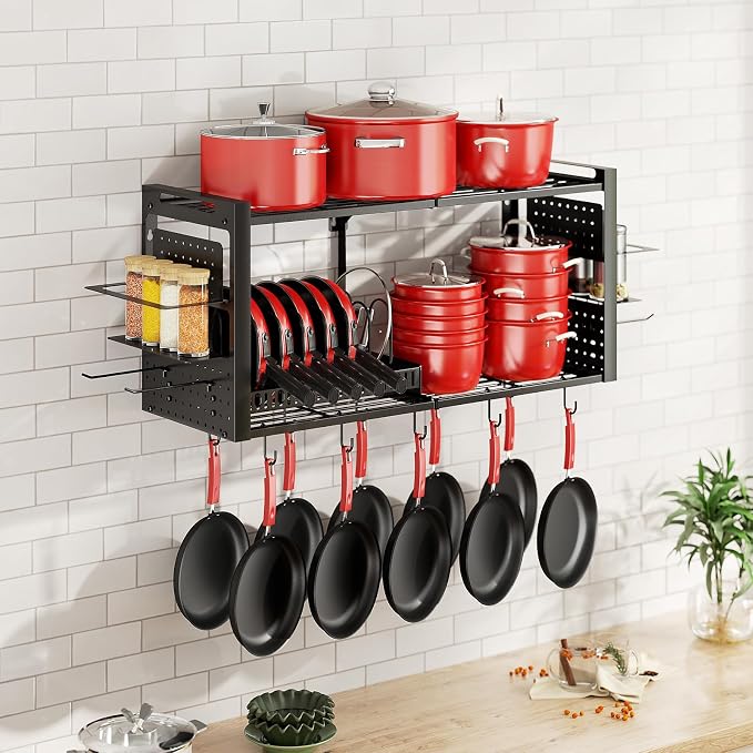 31 Inch Pot Rack Wall Mounted,3 in 1 Pots and Pans Organizer with 2 tier Kitchen Racks & Pot Lid Organizer Holder and 20 Hooks,Heavy Duty Hanging Pot Hanger for Kitchen Cookware, Utensils, Black - Image 7