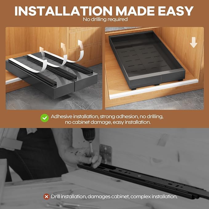 Seinloes 4 Pack Expandable Width (9"-14.1") Pull Out Cabinet Organizer 21" Deep with Raising Pad for Framed Cabinets, Upgrade 3 Slide Rails Slide Out Drawers, Roll Out Shelves Adhesive, Black - Image 7