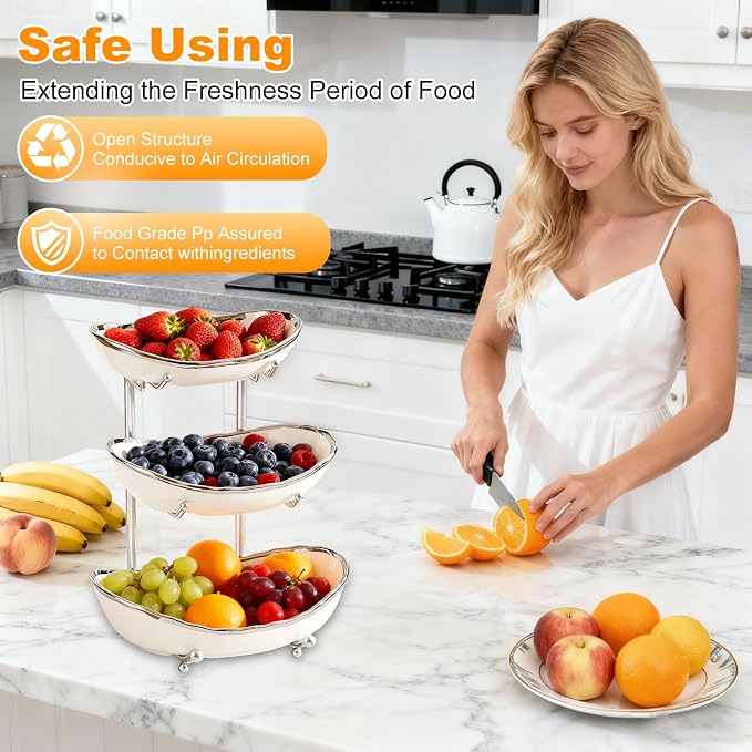 3 Tier Fruit Bowl for Kitchen Counter,Ceramic Bowl with Metal Stand,3 Tier Fruit Basket for Vegetable Bread Candy Snack Nuts Dessert Cake Tray (White Bowl Silver Rack) - Image 7