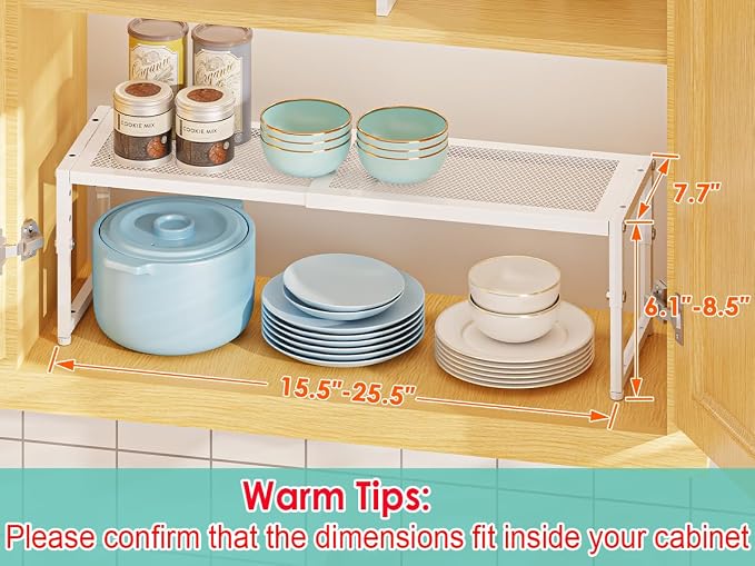 Expandable Cabinet Shelf Organizer, 15.5–25.5 Inch Length, Height Adjustable Metal Wire Storage Shelves for Kitchen, Pantry, Cupboard & Closet, Stackable Storage Rack for Dishes, Plates, Cups & Spices - Image 7