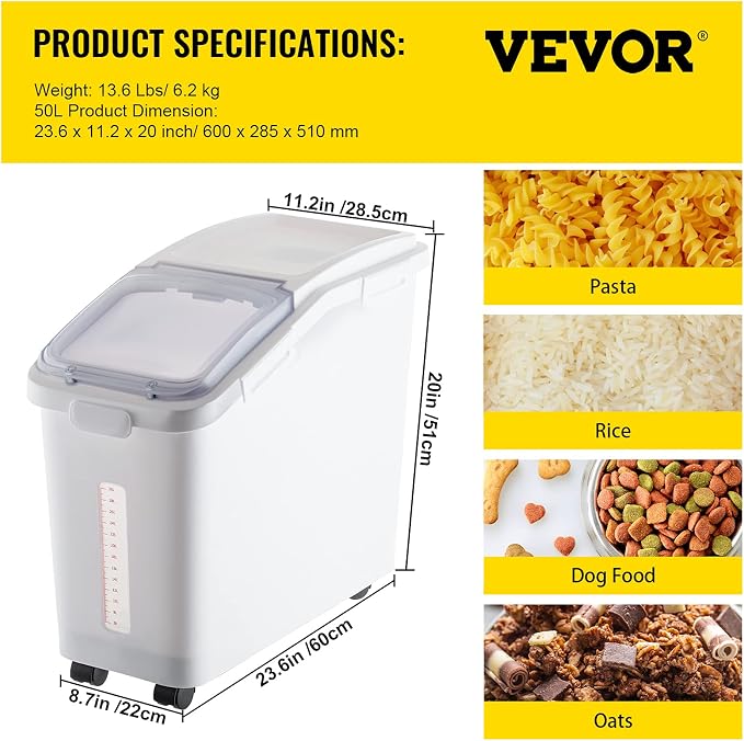 VEVOR Ingredient Storage Bin, 11.4 Gallon Capacity Shelf Ingredient Bin, 280 Cup Flour Bins on Wheels Commercial Prosave Shelf-storage Ingredient Bin with Lid and Scoop Rice Bin for Kitchen White - Image 8