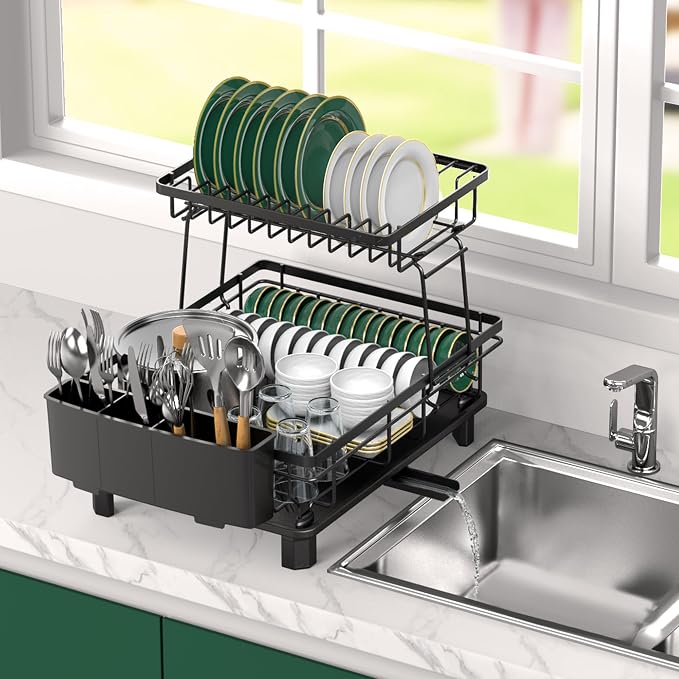 Rottogoon Large Dish Drying Rack 2-Tier Stainless Steel Dish Racks for Kitchen Counter Durable Dish Drainer with Drainboard Drainage Utensil Holder for Various Kitchenware Black - Image 8