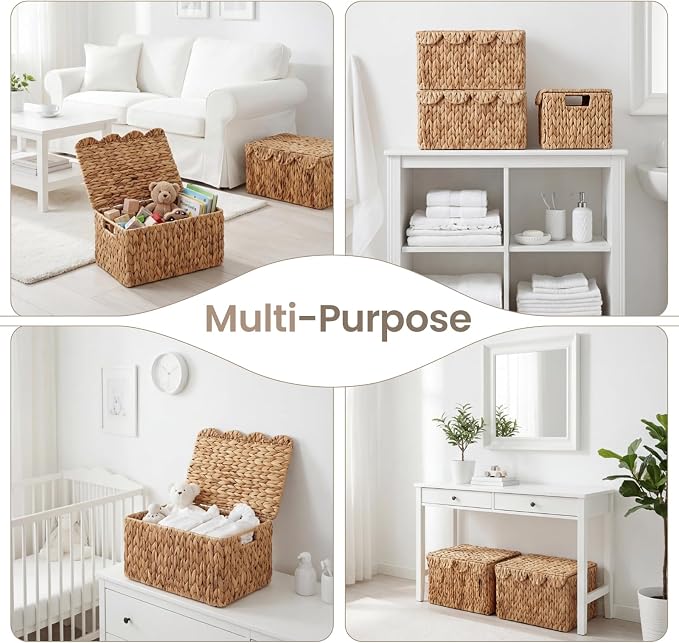 Wicker Basket with Scalloped Edge Lid, Water Hyacinth Storage Basket with Built-in Handles, Handwoven Wicker Box for Living Room, 15" L x 11 ¼" W x 7" H (Water Hyacinth) - Image 9