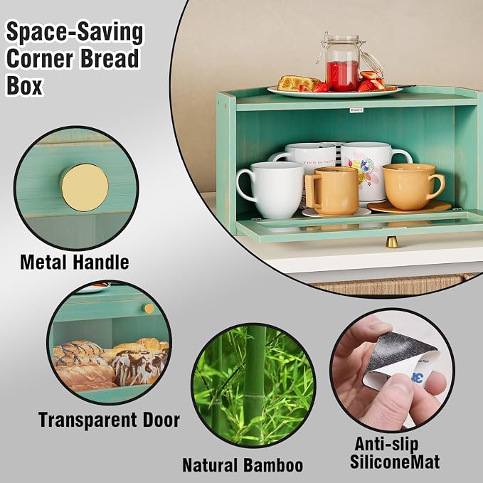 Trironsun Corner Bamboo Bread Box for Kitchen Counter Large Rustic Bread Storage Container with Acrylic Door Space-Saving Vintage Bread Keeper for Homemade Bread (Antique Blue) - Image 7