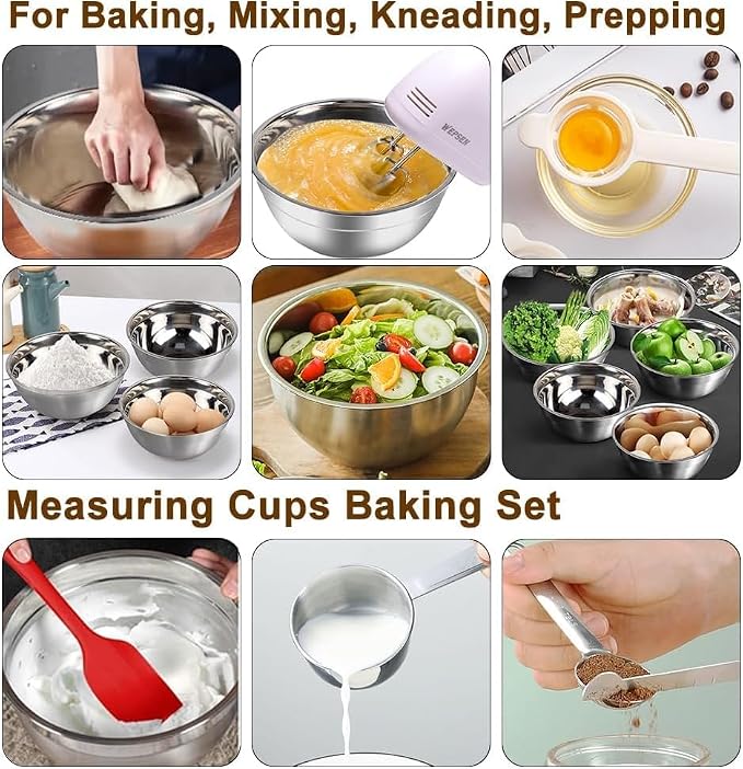 WEPSEN 5-Speed Electric Hand Mixer, 4 Large Mixing Bowls Set, Handheld Mixers with Whisks Beater, Stainless Steel Metal Nesting Bowl Measuring Cups Spoons Kitchen Cake Blender for Baking Supplies - Image 7
