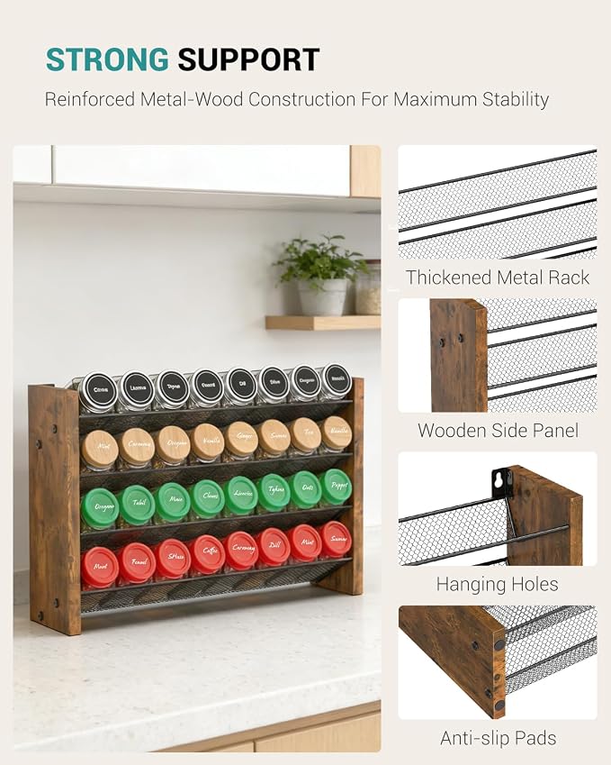 NESAPTO Spice Rack Organizer for Cabinet, Wood 4-Tier Vertical Seasoning Organizer, Wall Mount or Countertop Spice Shelf, Holds 32 Jars (No Jars Included), 15.7" W x 10.3" H - Image 7