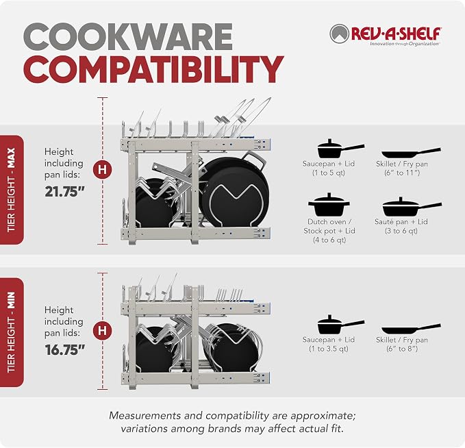 Rev-A-Shelf Kitchen Cabinet Pullout Organizer, Min Open Width of 20.5" | 2-Tier U-Shaped Cookware Storage Rack for Pots, Pans, and Lid Cookware, Adjustable Heavy Duty Wire, Chrome, 5CW-1222-CR - Image 9