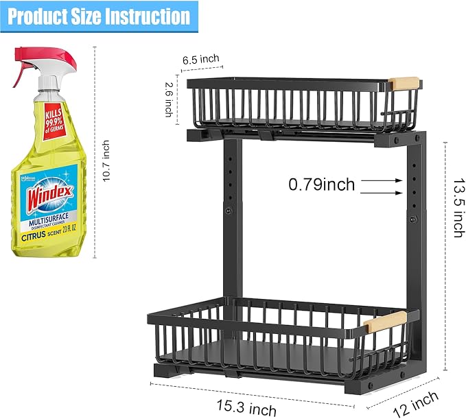 Under Sink Organizer and Storage: 2-Tier Adjustable Height Under Sink Bathroom Organizers Multi-Purpose Bathroom Cabinet Pull Out Drawers for Kitchen with Hooks (Black) - Image 6