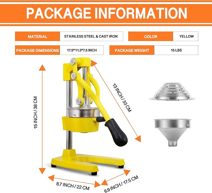 Commercial Heavy Duty Cast Iron Hand Press Manual Orange Citrus Lemon Lime Grapefruit Pomegranate Fruit Juice Squeezer Machine with Stainless Steel Cup Yellow - Image 7