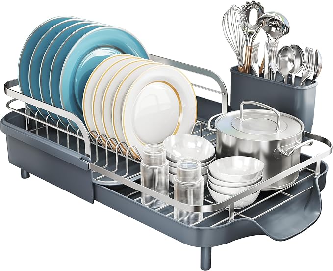 SNTD Expandable Dish Drying Rack for Kitchen Counter, 15.2-22.1 in, Gray | Rust-Resistant Stainless Steel, Protective Side Rails, Self-Draining Drainboard, Removable Utensil Holder - Image 8