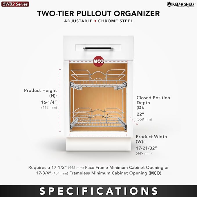 Rev-A-Shelf Pullout Organizer for Cabinets, Min Opening Width of 18" | STwo-Tier Steel Shelf for Kitchen or Vanity Cabinet Organization, Heavy Gauge Wire Slide Out Storage Basket, 5WB2-1822CR-1 - Image 8