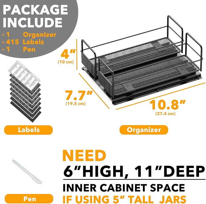 SpaceAid Pull Out Spice Rack Organizer for Cabinet, Heavy Duty Slide Out Seasoning Kitchen Organizer, Cabinet Organizer, with Labels, 7.7" W x10.8 D x4 H, 2 Drawers 1-Tier - Image 6