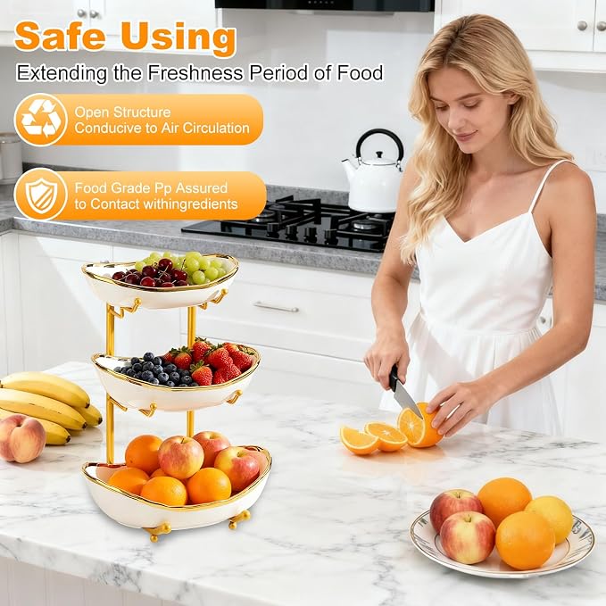 3 Tier Fruit Bowl for Kitchen Counter,Ceramic Bowl with Metal Stand,3 Tier Fruit Basket for Vegetable Bread Candy Snack Nuts Dessert Cake Tray (White Bowl Gold Rack) - Image 7