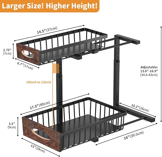 2-Tier Under Sink Organizer with Wooden Drawer Handle, 2 Pack Adjustable Height Pull Out Cabinet Organizer Shelf,Slide out Storage Drawer Rack for Kitchen Bathroom Laundry Room Pantry (Black) - Image 9