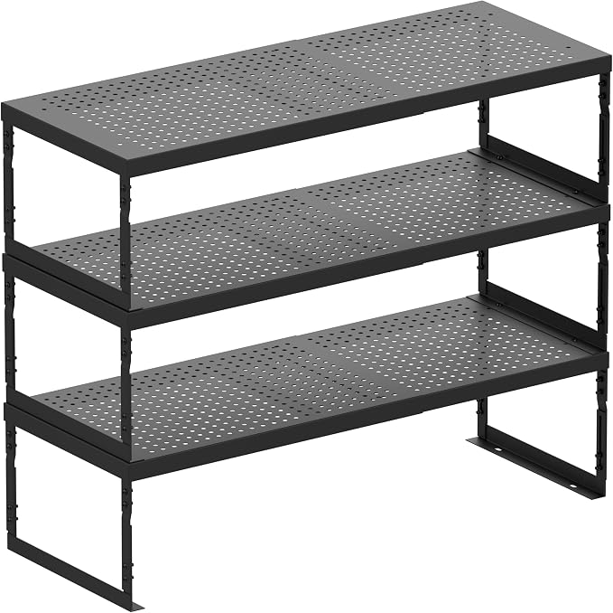 Stackable Expandable Metal Shelf Organizer - Adjustable Wire Storage Rack with Holes for Kitchen, Bathroom, Cabinet, Office - Space Saving, Durable & Sturdy Design(3PACKS/Medium/Black - Image 7