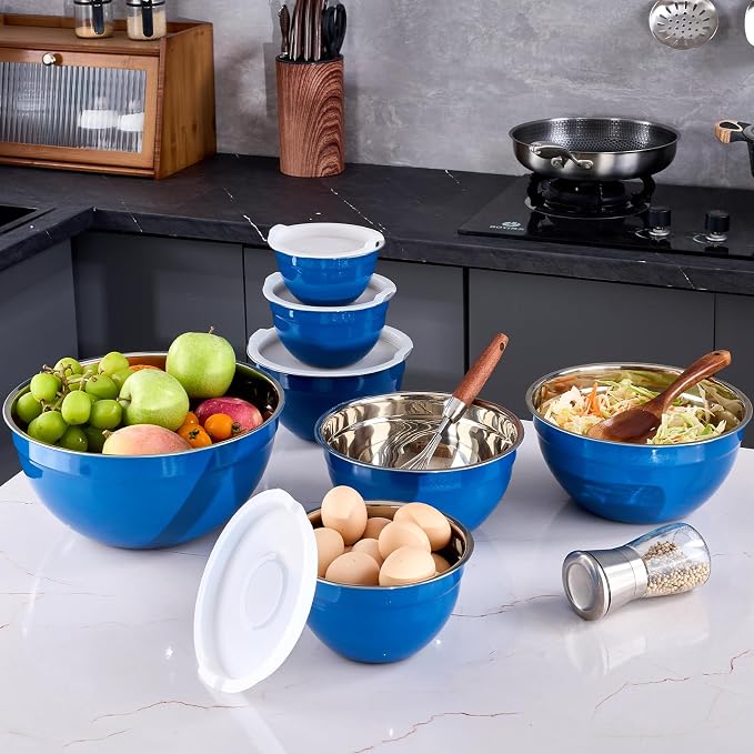 Blue Mixing Bowls With Airtight Lids,Stainless Steel Bowl,Salad Bowls 7 Piece Colorful Nesting Bowl Blue Kitchen Accessories,Size 7,3.6,2.7,2.1,1.5,1.1,0.8QT Stackable Design - Image 9