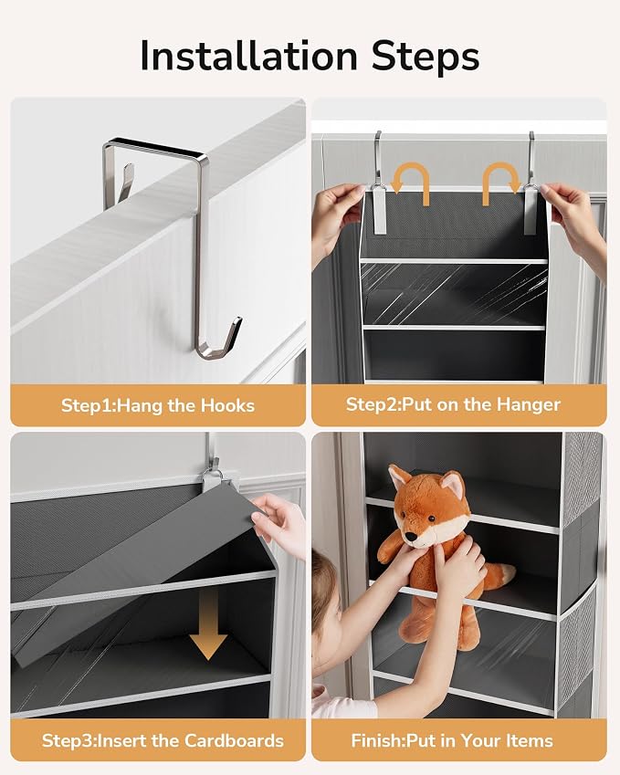 ULG Stuffed Animal Organizer Over the Door, Large Hanging Plush Toy Storage with Mesh Window, Cotton Kids Toy Organizer for Bedroom, Nursery, Playroom & Baby Items Dark Grey - Image 7