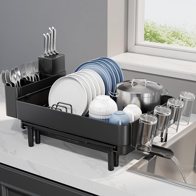 Urackify Expandable Dish Drying Rack, Stainless Steel, Large Capacity | Multifunctional Drainboard for Kitchen Countertop, Removable Cutlery Tray, Foldable Cup Holder, 20.4"L x 20"W, Black - Image 8