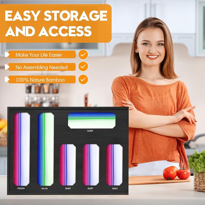 6 in 1 Bamboo Ziploc Bag Storage Organizer, Black Baggie Organizer for Drawer with Sliding Lid - Fits Gallon, Quart, Sandwich, Snack & Freezer Bags, Wall Mountable Kitchen Drawer Organization - Image 7