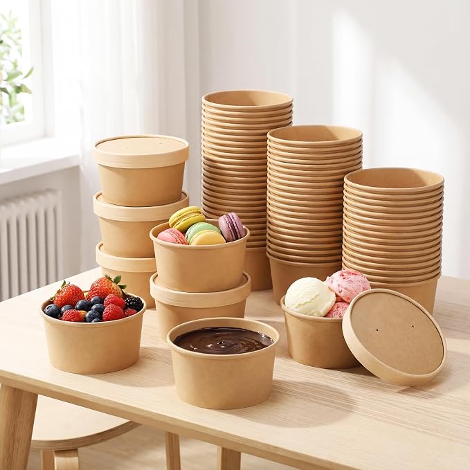 Fulmoon 100 Pack Paper Soup Containers with Lids Disposable Paper Food Containers with Vented Lid Kraft Ice Cream Cake Dessert Cups Soup Bowl for Party Hot Food Fruit Microwave(15 oz,Brown) - Image 7
