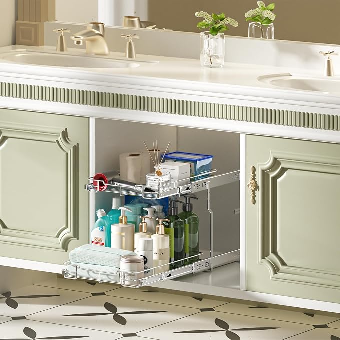 Delamu Pull Out Cabinet Organizer 2-Tier 14" W x 21" D Heavy Duty Chrome-Plated Slide Out Drawers, Kitchen Drawer Organizer Pull Out Shelves for Pots & Pans, Home Pantry Cans & Spices, Silver - Image 8
