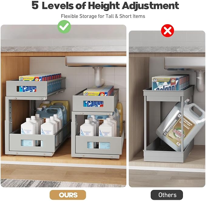 2 Packs 21IN Depth Under Sink Organizer, 2-Tier Pull Out Cabinet Organizer With Smooth Circular Rail, Large Capacity Metal Mesh Sliding Drawers For Bathroom& Kitchen Storage,Height Adjustable-Gun Gray - Image 8